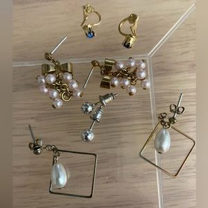 Vintage 4 Pair Pierced Earrings Pearl Blue Stone Silver Balls Pearl Like Stones